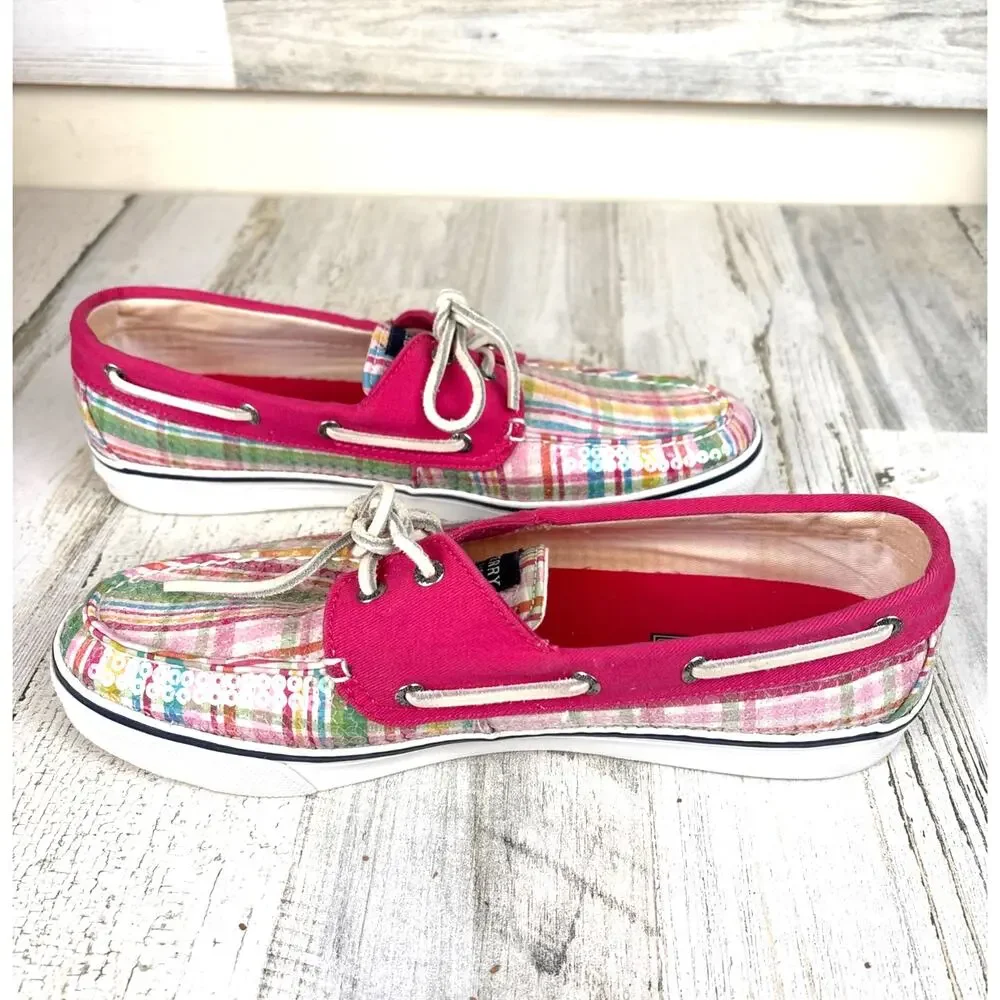 Sperry Womens 10 Pink Pastel Plaid Sequin Boat Shoes Coastal Chic
